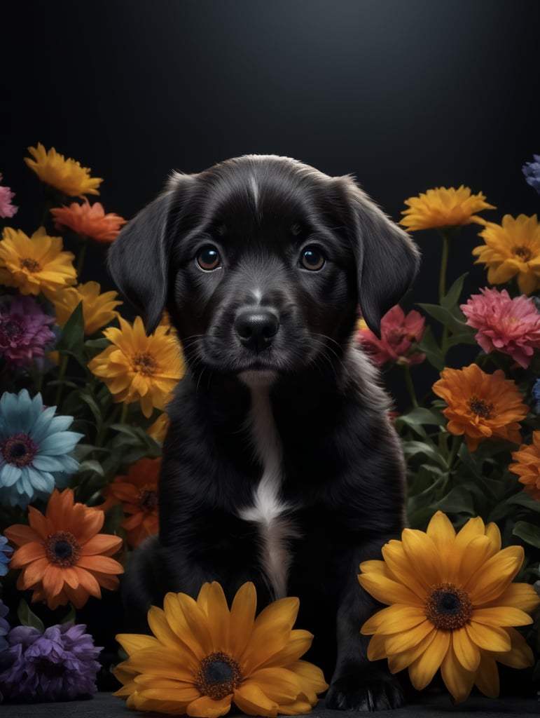 puppy dog made with shiny coloured flowers
