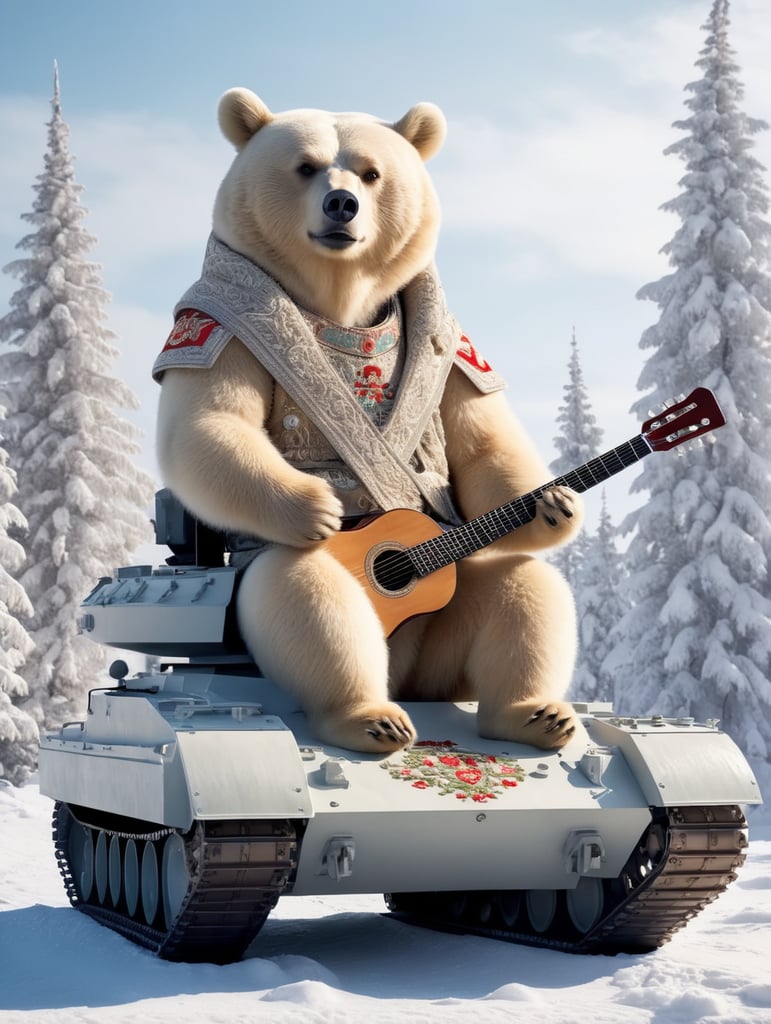 full body, (Russian winter, ((bear sitting on a battle tank with a balalaika)), a bottle of vodka, a bear in a national Russian costume, clothes in Russian folk style, embroidery on clothes,), ((glow)), hyper-detail, hyper-realism, sharp shot, action-packed background, (bokeh effect)