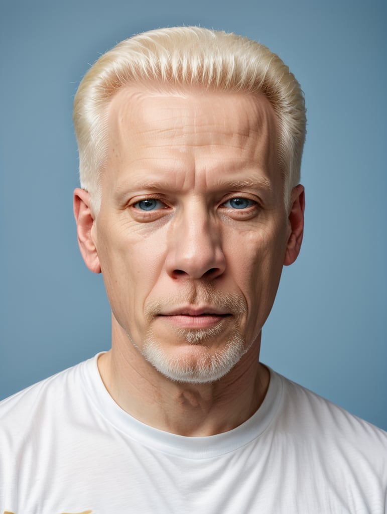 A middle-aged albino man wearing a white T-shirt, isolated, blue background, mockup, mock up