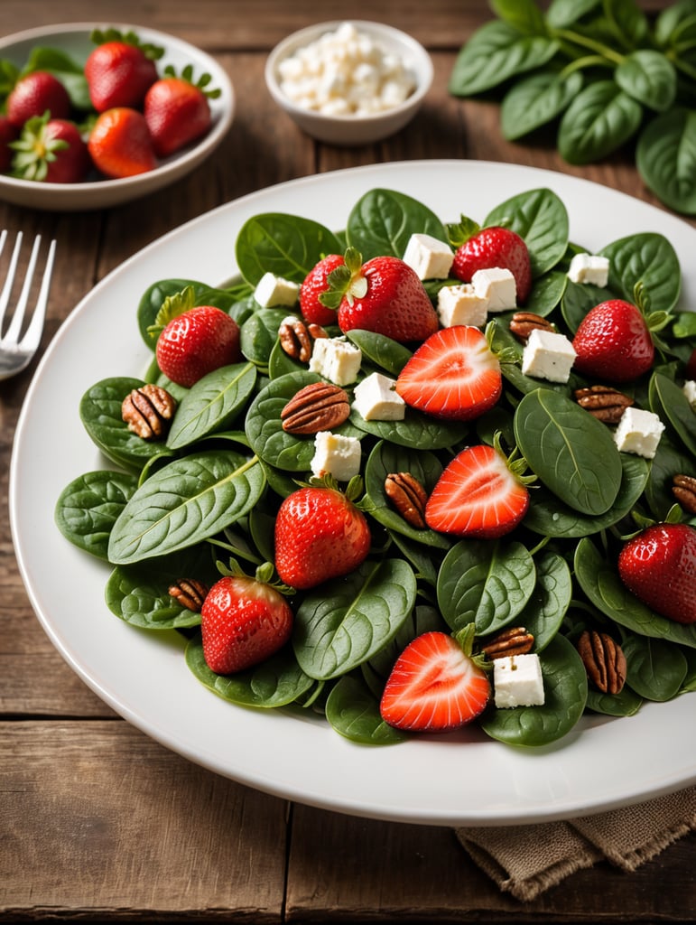 Spinach and Strawberry Salad, small plate on a wooden table, Description: A sweet and savory combination of fresh baby spinach, ripe strawberries, goat cheese, and candied pecans, often served with a balsamic vinaigrette.