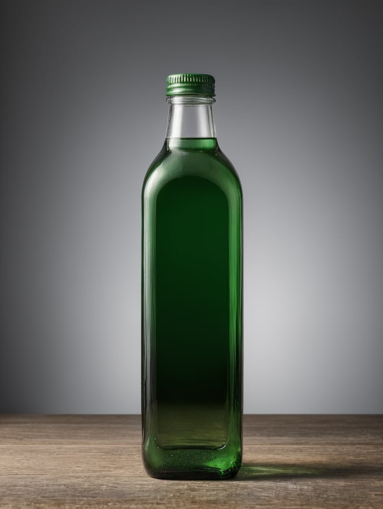 square Green glass bottle with mineral water mockup, no label, isolated, grey background