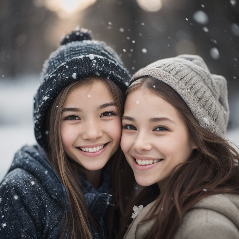 long shot, portrait of a cute 2girls, smiles, snow flakes, snow, winter