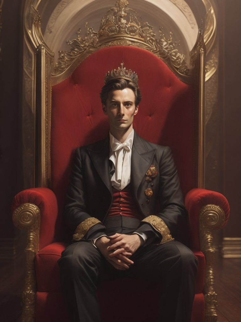 Oil portrait of miles edgeworth, intricate, elegant, highly detailed, lighting, painting, artstation, smooth, illustration, art by greg rutowski and alphonse mucha, david tennant king, david tennant with a crown sits on a throne, france, 1952 year