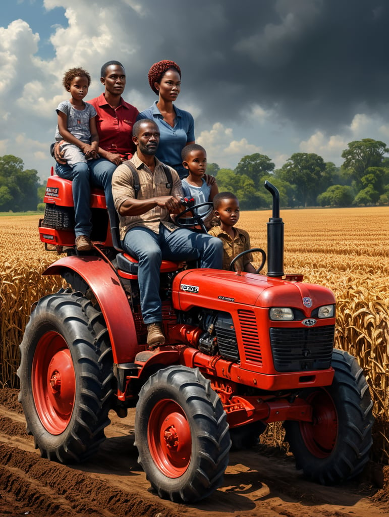 african american family on case red tractor