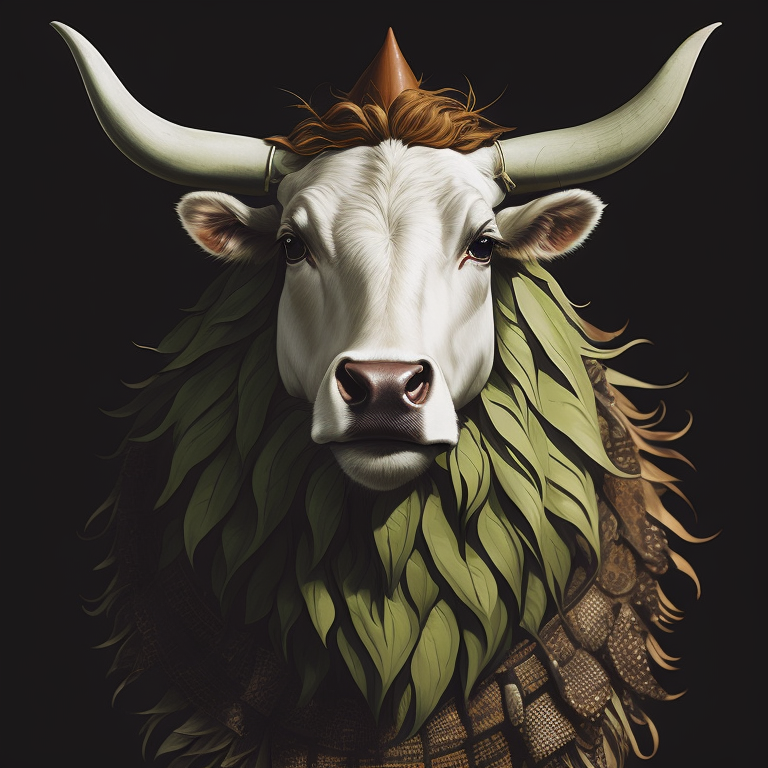 cow smile, portrait, hoodie, green mohawk, vintage, photorealistic illustration, vector, flat, isolated on white background, Painting, Oil, Still Life, Botanical, Italy, style of Giuseppe Arcimboldo