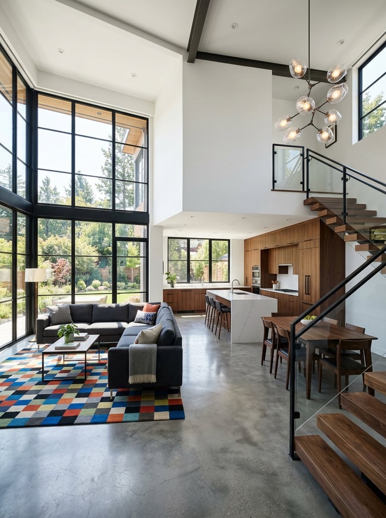 A brightly lit modern open-plan interior featuring a dark grey L-shaped sofa beside a vibrant checkered rug on polished floors. Sunlight floods through expansive black-framed windows, illuminating a sleek white kitchen island, dark dining set, and rich wood cabinetry. On the right, a floating wooden staircase with glass railings ascends beneath a double-height ceiling holding a sculptural glass chandelier. Wide-angle architectural photography emphasizing clean lines and high-contrast natural lighting.