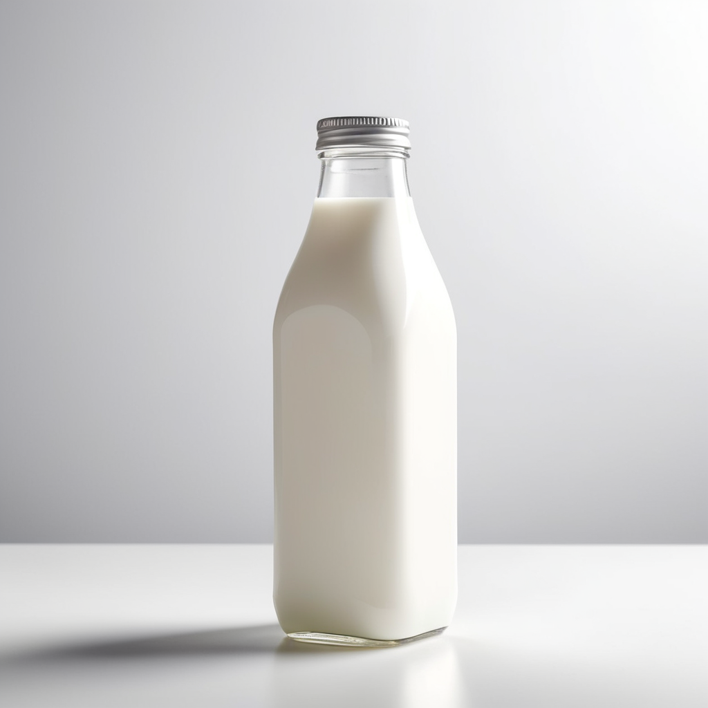 A mockup of a square glass bottle of milk.