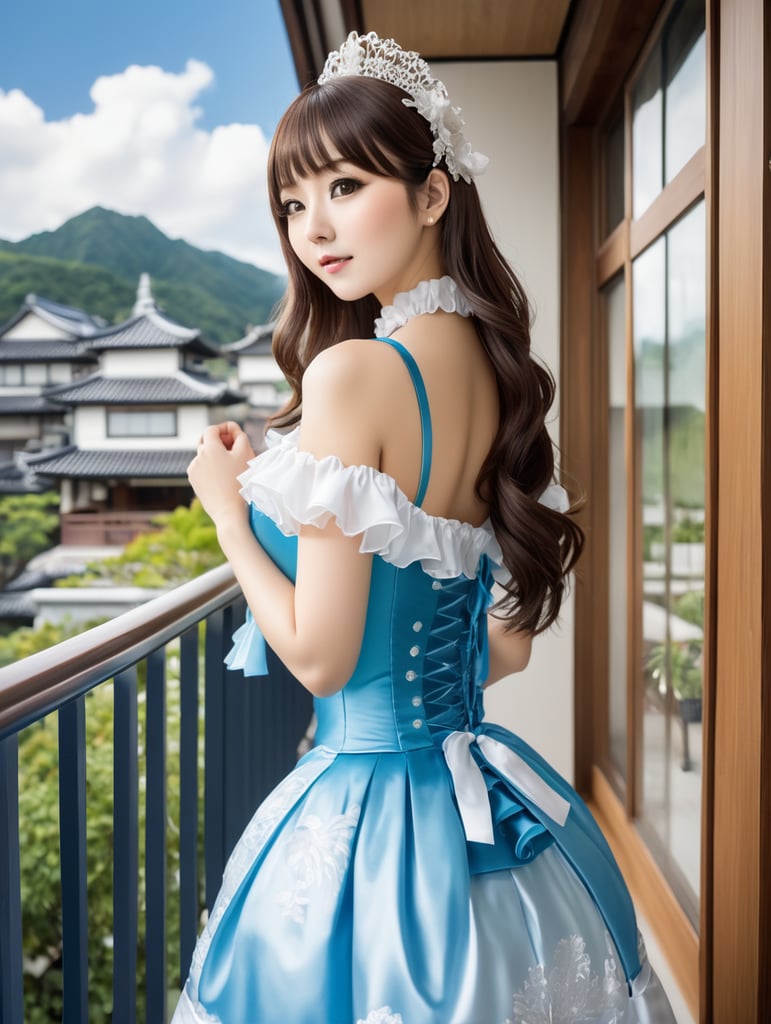 Tanaka hitomi wearing fancy dress, standing by balcony