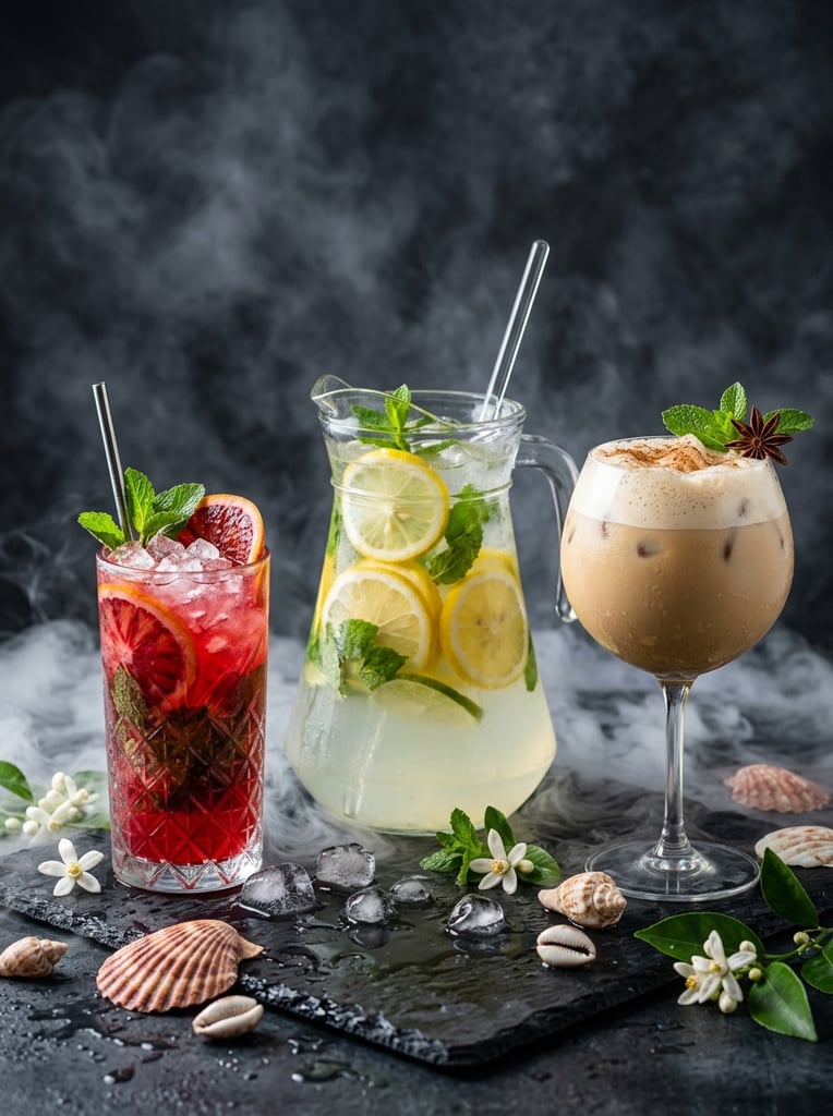 Three iced beverages rest on a wet, dark slate surface enveloped in swirling white vapor. A textured highball glass holds a vibrant crimson drink layered with blood orange slices. A central glass pitcher brims with a pale citrus infusion, lemon wheels, and fresh mint. Beside it, a stemmed balloon glass contains a frothy, opaque tan iced beverage. Ridged seashells, scattered ice cubes, and delicate white blossoms surround the drinks against a moody charcoal background, captured with dramatic studio lighting and sharp foreground focus.