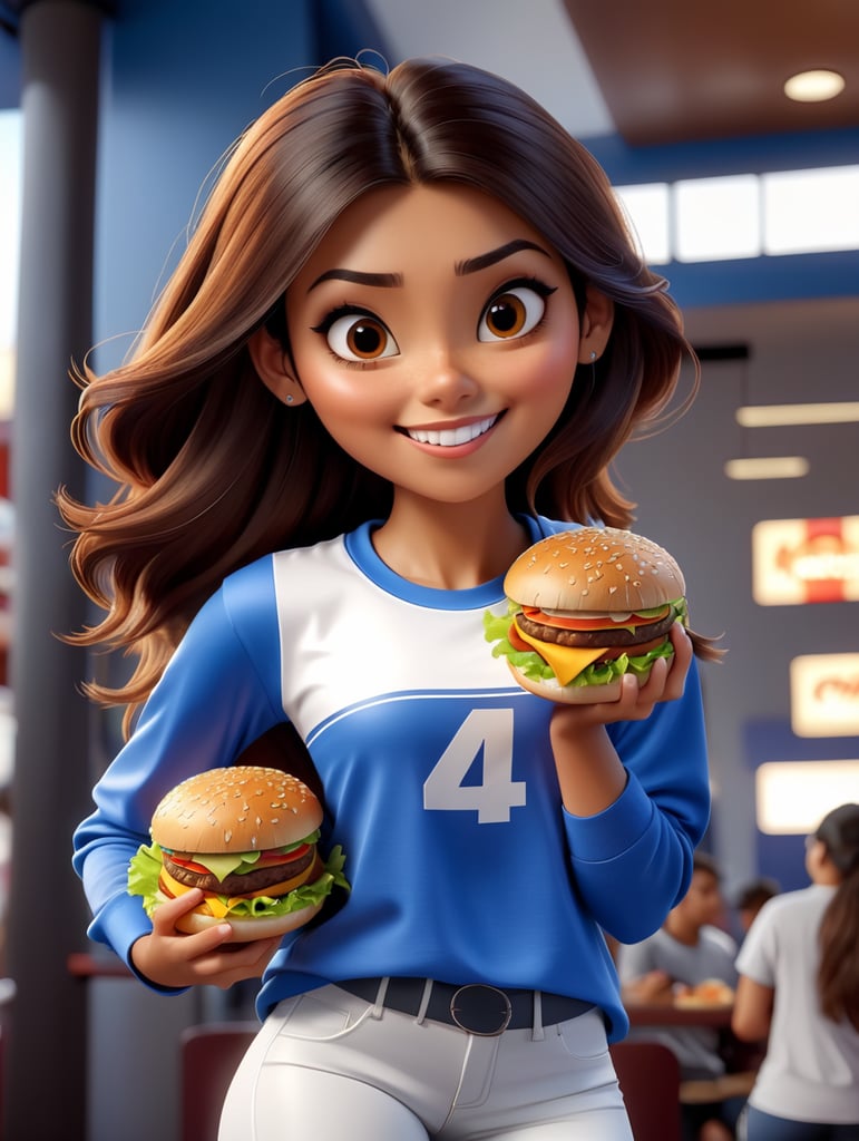 mid shot, hyper detailed, realistic human anatomy, pretty 21-year-old Latina woman, 5,24 feet tall, 128 lbs weight, long, straight, dark brown hair, athletic body, dressed blue legging, white t shirt, t shirt with nothing written on it, small white sneakers, she is eating a tasty hamburger at the fast food cafe, fresh baked yummy burger