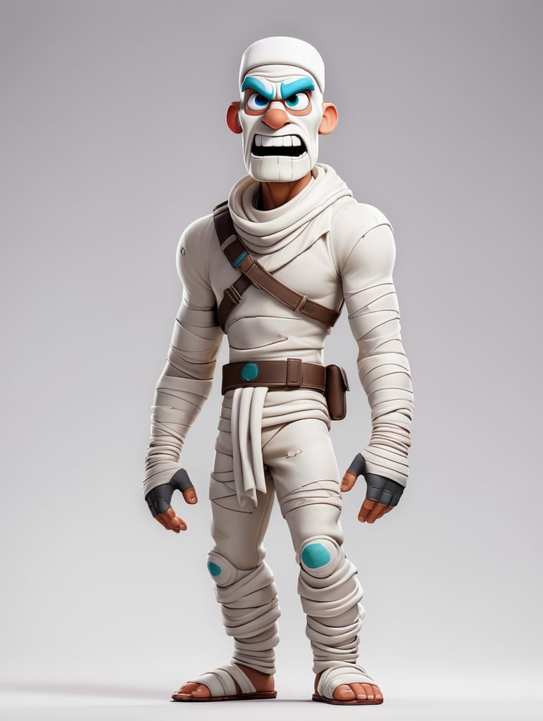 A photograph of mummy costume covered in bandages for a male character with fortnite style, halloween costume, white background, full body