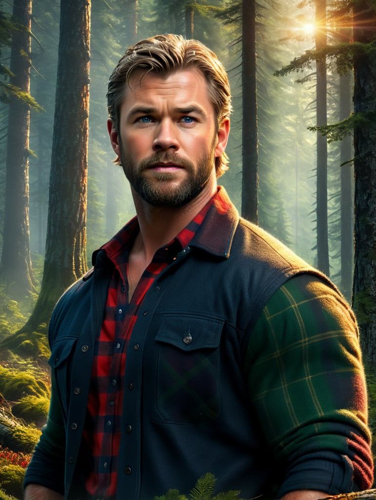 Portrait of Chris Hemsworth as a Canadian lumberjack, with a large beard and a plaid shirt, against the backdrop of a dense forest, bright saturated colors, Contrasting cinematic light