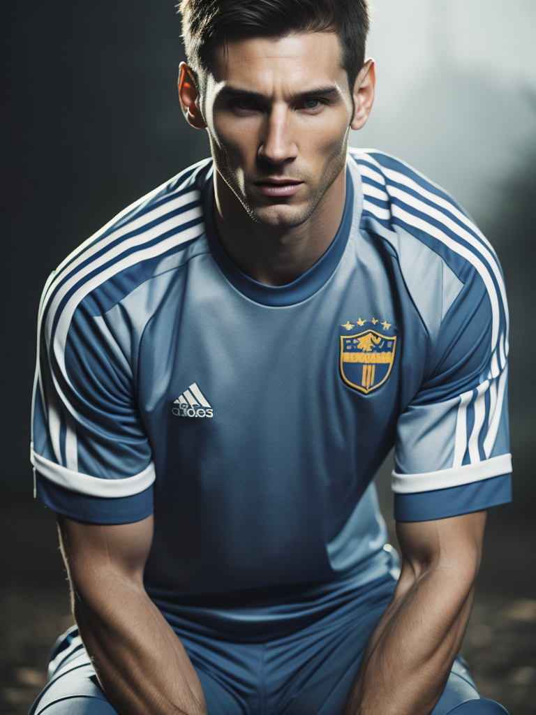 Messi adidas raglan football uniform bright blue and white colors saturated colors highly detailed fashion magazine sharp focus dramatic lighting depth of field