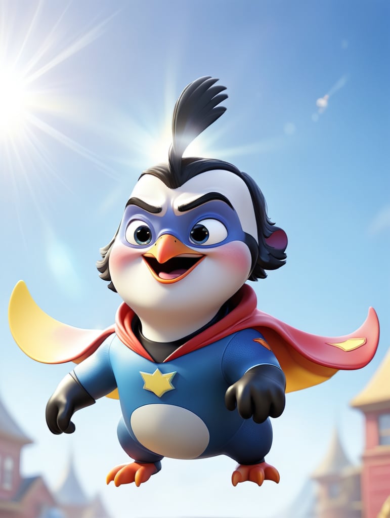 cartoon penguin dressed in superhero costume, flying through the sky, morning light