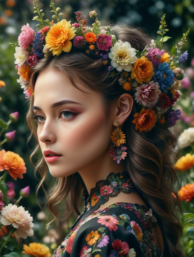 Girl in a blooming garden, fashion editorial, floral edition, millions of colorful flowers, analog fashion portrait, fashion photo of a portrait of a girl in profile with an open ear