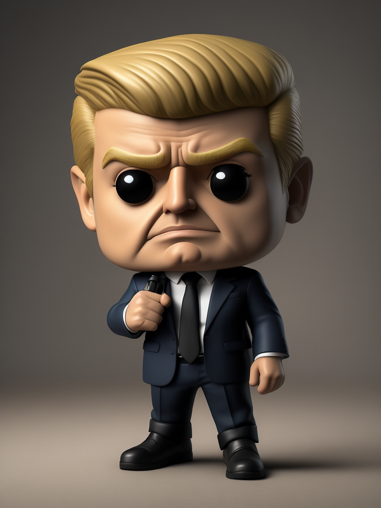 Donald Trump as jake peralta from the tv show brooklyn nine-nine, bobble, head, funko pop art, hyper detailed, professional lighting, film lighting, 35mm, 50mm, ray tracing, unreal engine 5, zbrush