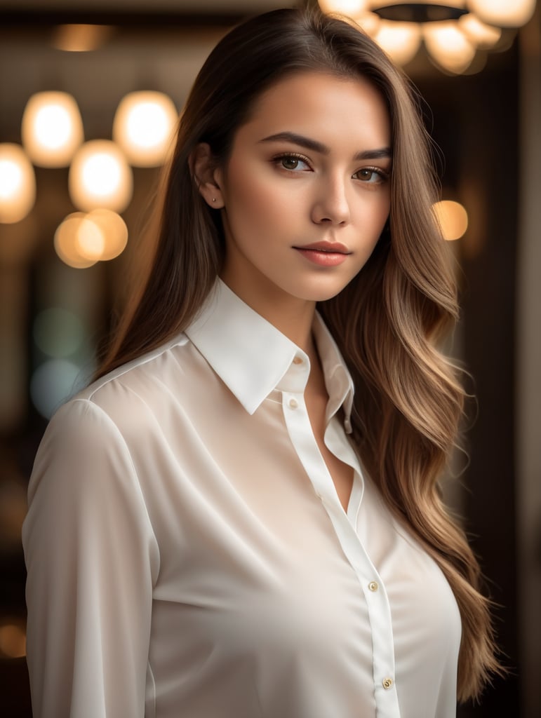 a beautyful girl,white blouse,collar up,long hair