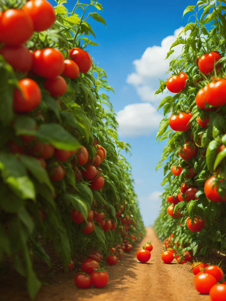 beautiful (((tomato plantation))) and a blue sky, short grass, ambient lighting