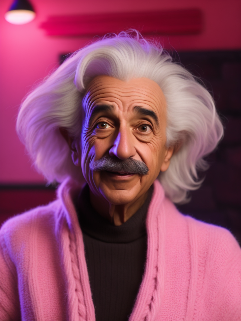 Albert Einstein Barbie style, dressed all in bright pink, bright pink hat, bright pink sweater with black stripes, blurred pink backround, glamour style, metal claws, looking up at the camera and smiling devilishly, stock photo, conceptual art, photorealistic imagery