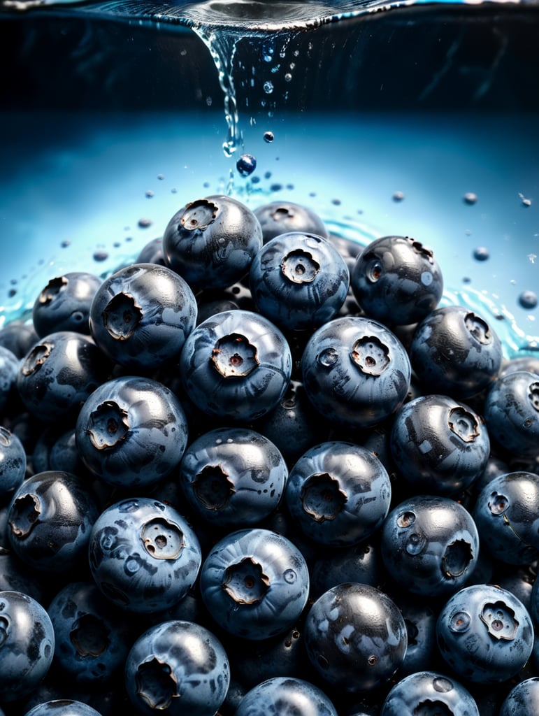 only blueberries everywhere floating, mixed blue liquid, blue background, 4k photo-realistic