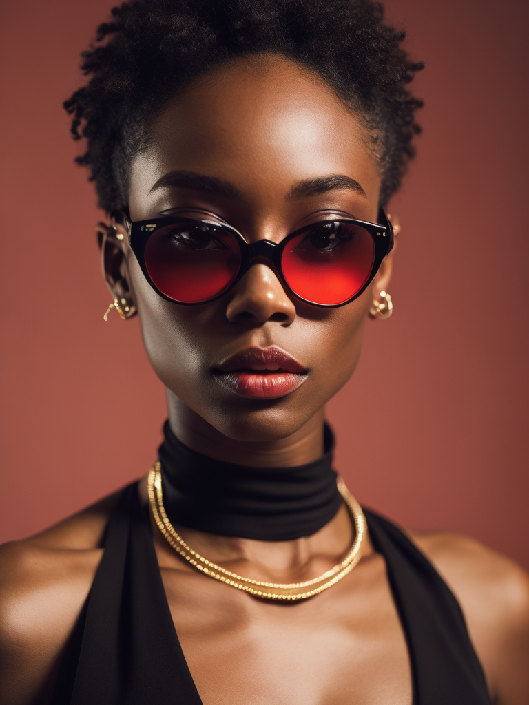 Black female model standing in waist-length black fluid, wearing black fashion dress, red lighting, black sunglasses, thick gold necklace around her neck, short haircut, red-orange background, fashion model, magazine cover, professional shot, magazine photography, bright saturated colors, sharp focus, highly detailed