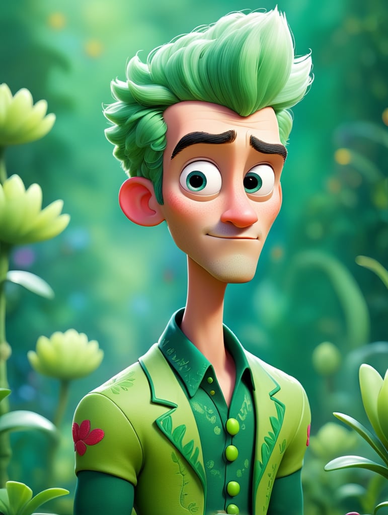 Crea al principe del reino de las plantas que vista de color verde y su cabello es corto y de color rojo, su piel es blanca y el es delgado y con una apariencia inocente, utiliza ropa muy femenina