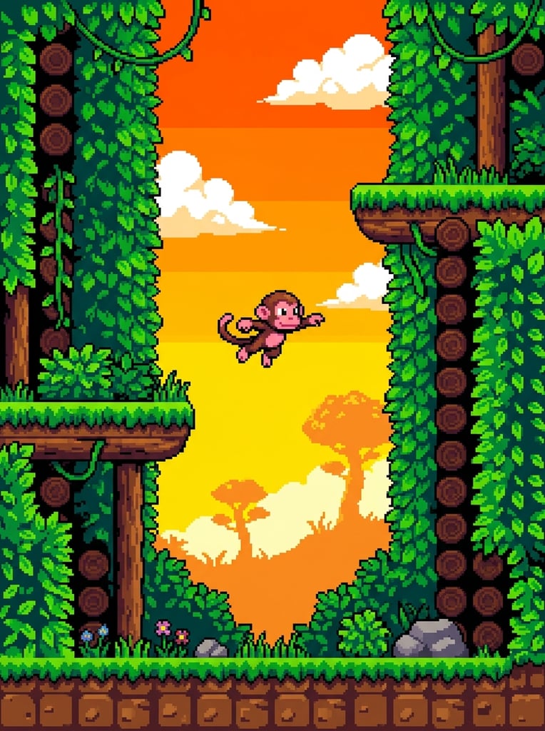 2D pixel art of a small brown and pink monkey character in mid-air, positioned between vertical green foliage walls with embedded brown wooden logs, flat grassy platforms, blocky brown dirt and grass ground, bright orange to yellow gradient sky background, fluffy white pixelated clouds, distant stylized trees, retro video game aesthetic, vibrant colors