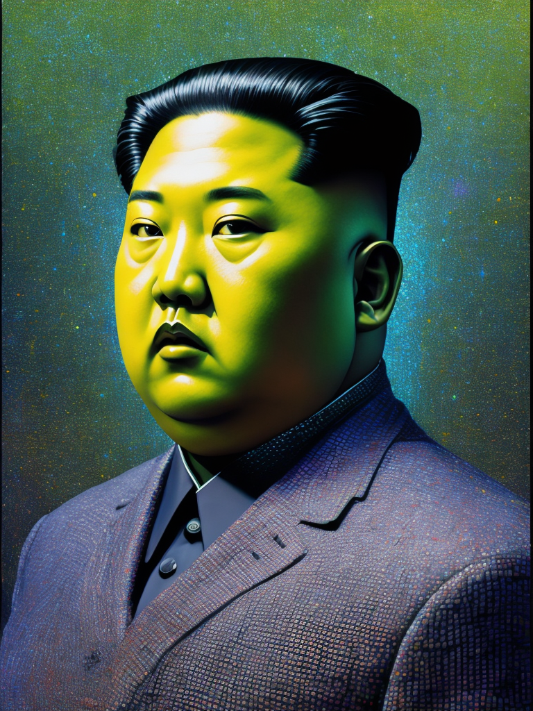 Fine Art Fluorescent Pointillism Sci-fi Surrealism Photography, Futuristic Kim Jong Un, Portrait made of hyper-detailed transparent frosted plastic, Moebius Bernard Buffet, van Gogh, Vermeer, Erin Hanson, Pierre Soulages, National Geographic, textured depth, vibrant fluorescent hyperrealism photo