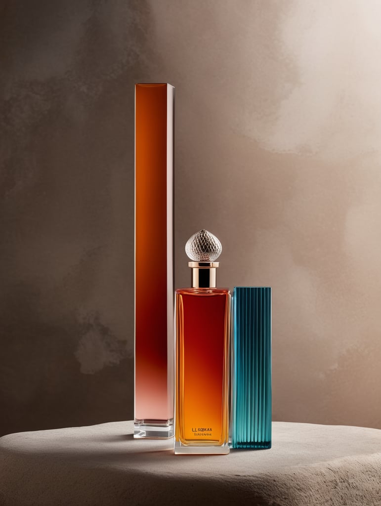 Very tall glass perfume bottle with close-knit vertical organictexture inspired by the architecture of Luis Barragan and vibrant, minimalist colors. A front view placed on a stone in a commercial photography design set