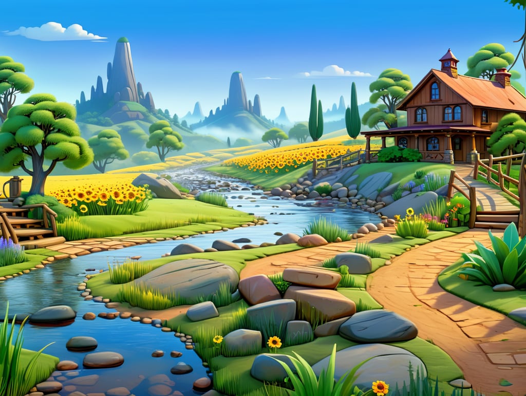 nature landscape, two hills behind of scene one of them dense forest other is stone and desert, lake int he middle of scene, creek coming to point of view, small stone bridge on creek,small waterfall stones of scene's left bottom side, green grasses and colorful flora close to viewer, wooden two story big house on right side on scene with sunflowers on front of it, mud road right bottom side of scene, many hills on fog on background horizon,