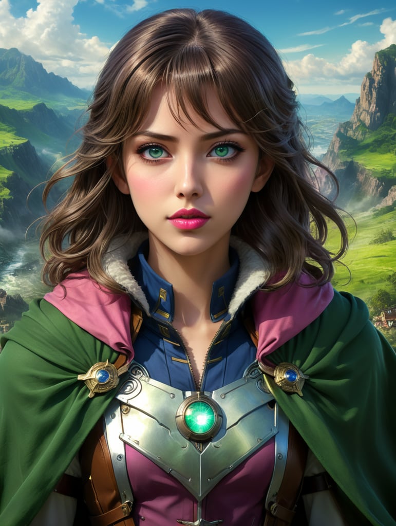 Attack on Titan screencap of a female with medium length brown wavy hair with bangs, dark blue eyes, light skin , round long oval face , pink lips . Scenery is beautiful. she is wearing a green cloak. WIT Studios season 3 screencap.