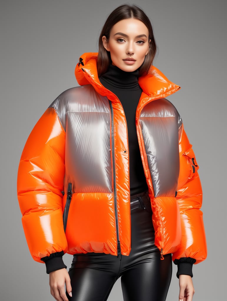 Inflatable vibrant orange minimalist women's puffer jacket, transparent, isolated, grey background, mockup