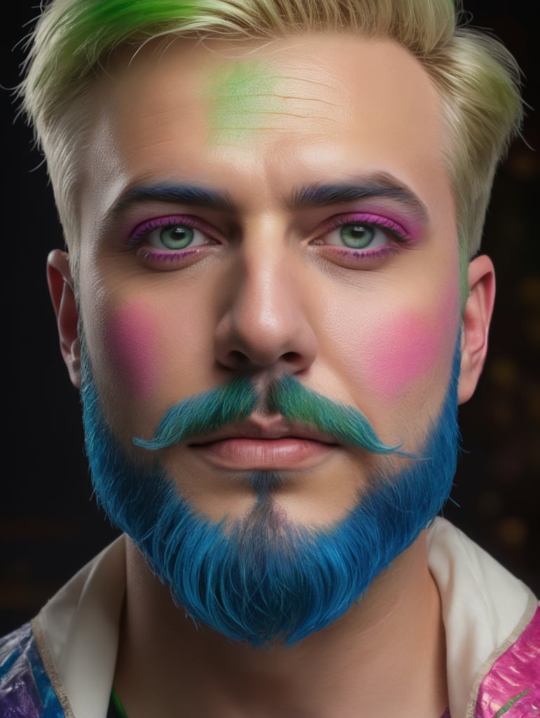 white blond man with make up in rainbow colors, black eyes, blue mustache, pink brows, green beard, realistic