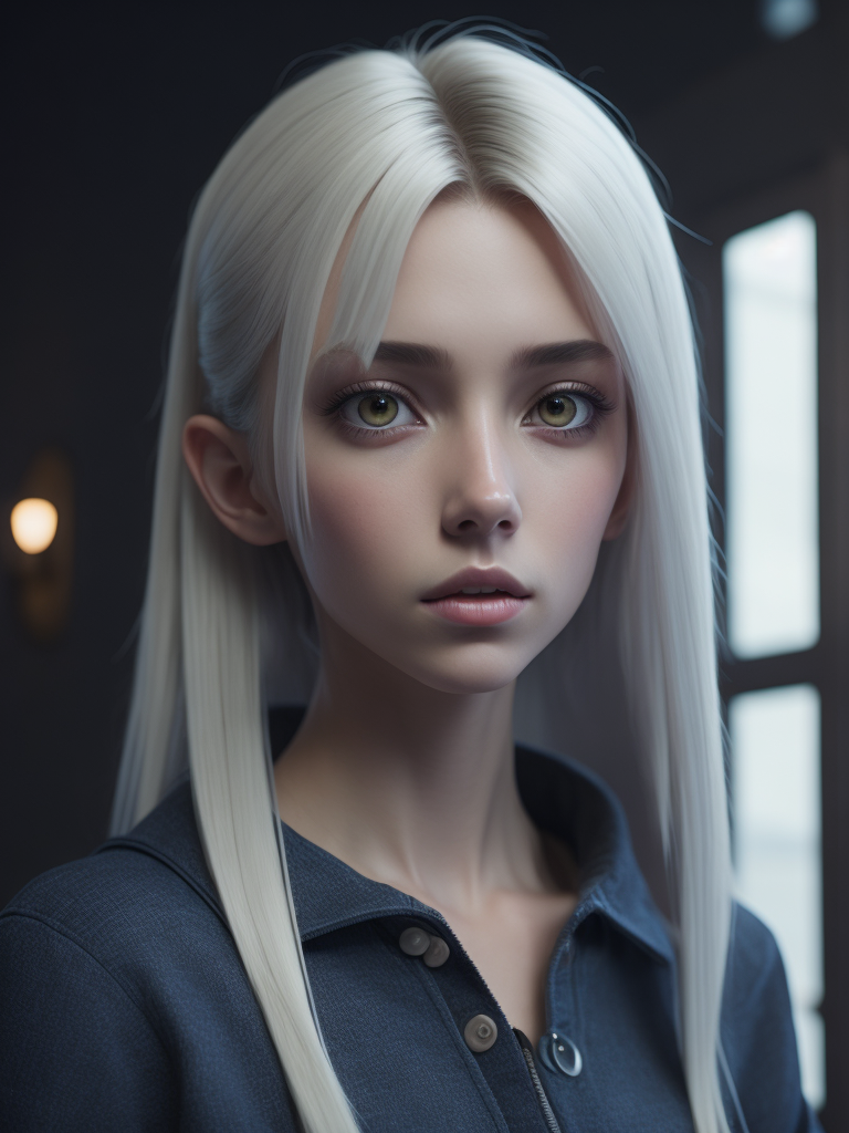 Girl who has platinum blond hair, 3d anime style, big anime eyes, anime face, very realistic and detailed anime styled hair, beautiful, dreamy, creative, aesthetic, realistic, detailed, 3d animation graphics, cinematic angle, cinematic light, 8k, ultra high resolution