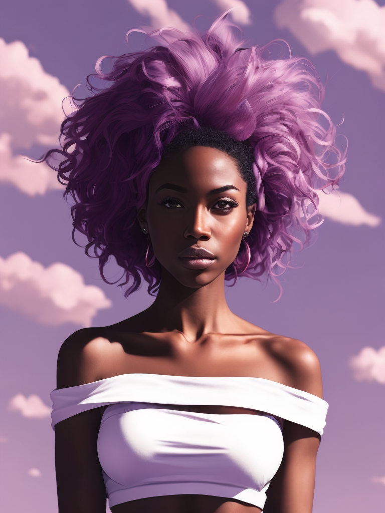 a woman with afro hair and a white shirt is standing in front of a purple sky with clouds and a pink hair, upperbody, midriff, Brom, flat colors, a character portrait, digital art, dark-skinned_female, dark_skin, navel_piercing, off_shoulder, pink_hair, purple_background, sky, long_hair