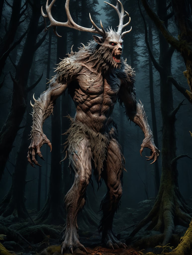 Horror movie creature, wendigo, dark forest background