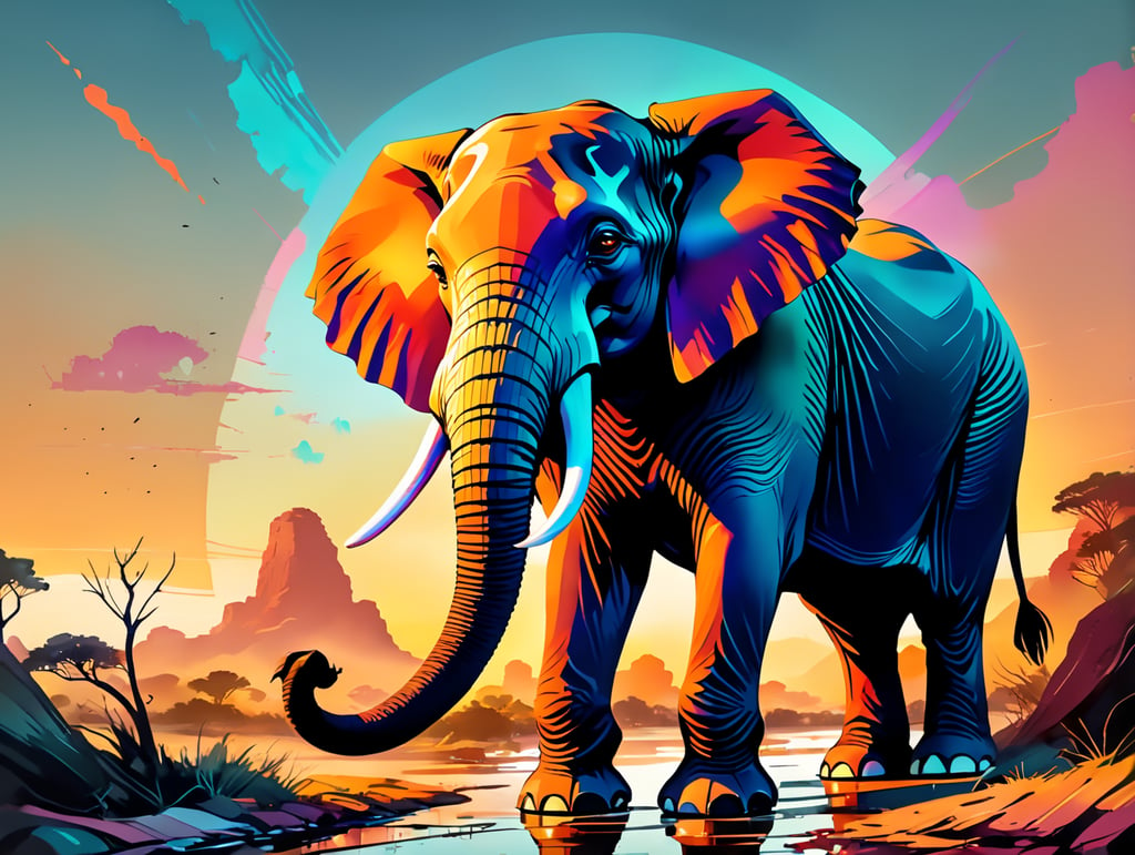 Masterpiece, Best quality, High resolution], [Vector image, Highly detailed, Flat design], [Colorful], [African elephant in simple sunrise background], [Soft lighting, Transparent background], [Simple, Vibrant colors, Nature-inspired, Majestic], [Worst quality, Low res, Blurry, Text, Watermark, Logo, Banner, Extra digits, Cropped, JPEG artifacts, Signature, Username, Error, Sketch, Duplicate, Ugly, Monochrome, Horror, Geometry, Mutation, Disgusting, Deformed structure