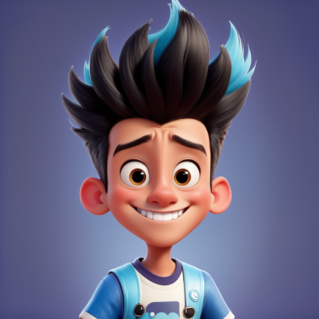 a skinny South American teenager, very happy, with quiff-like hair, with a bumpy nose in the middle mascot for pro-art company, Disney Pixar Style
