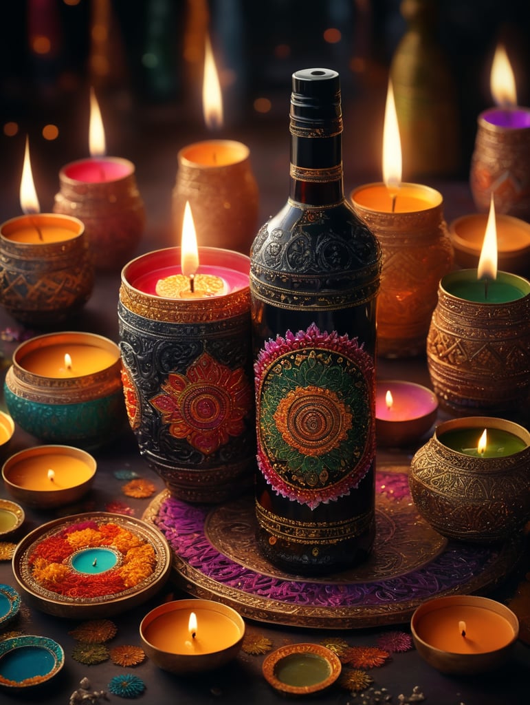 Colourful Diwali inspired scene with black bottle in the centre