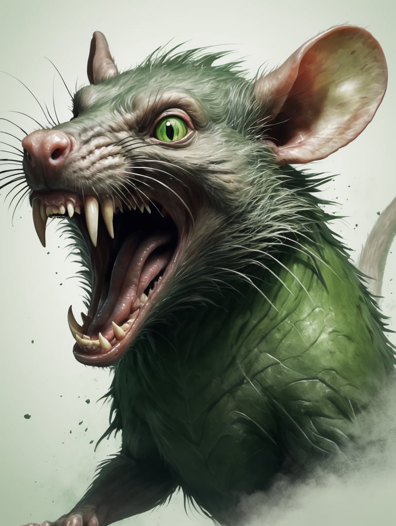 a huge evolved mutant rat screaming,horror theme, green theme , 2d game art,sketch art