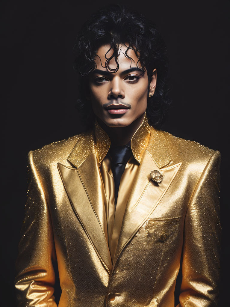 Portrait of Michael Jackson dressed in golden chrome suit, dark gradient background, Vivid saturated colors, Contrast light, studio photo, professional photo, Detailed image, detailed face