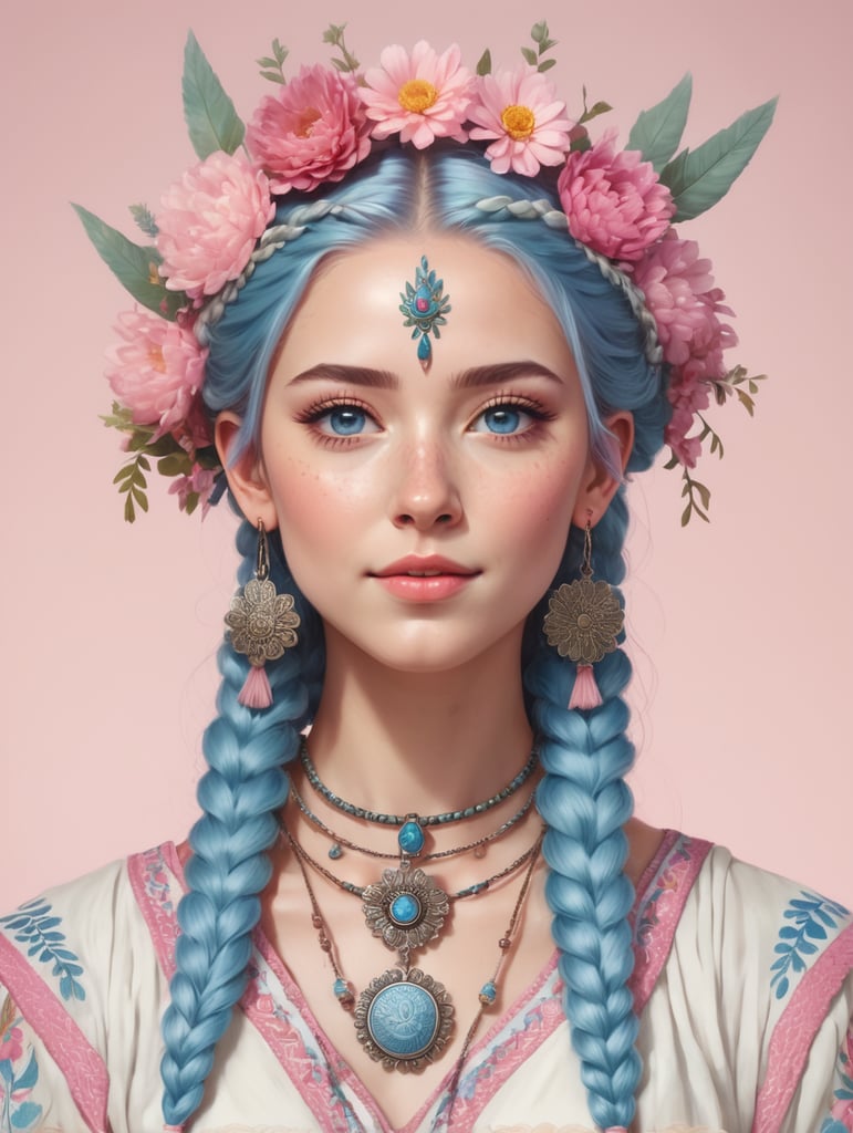 In RPG character drawing style. Young human woman with clearly visible llama ears holding aloft on her head. She has blue eyes. Pink hair styled in two braids. She wears an old medallion around her neck where a flower is represented. Her head is topped with a simple flower crown. She is wearing a long, light bohemian style dress with a floral pattern.