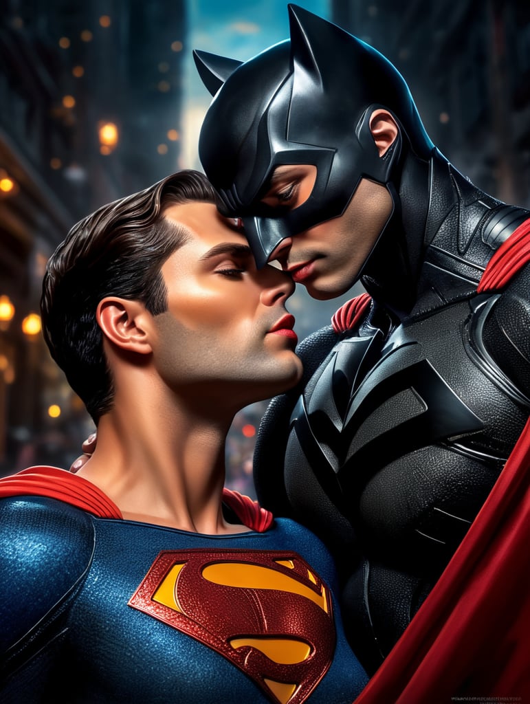 Superman kissing catwoman, bright and saturated colors, elegant, highly detailed, vogue, fashion magazine, sharp focus, dramatic lighting, depth of field, incredibly high detailed, blurred background'