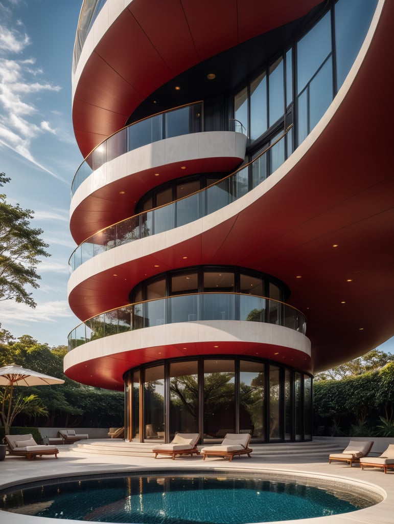 wide viewing angle and large view lens architectural modern style hyper realistic hyper detailed neocosmic exterior architecture design of a spiral Fluid villa, red geometric shapes spectrum, gold::1 white:3, Santiago Calatrava architecture art style, in new york city, natural ambience, day light, studio shoot, natural lighting, camera nikon, 8k, --s1000 --style raw