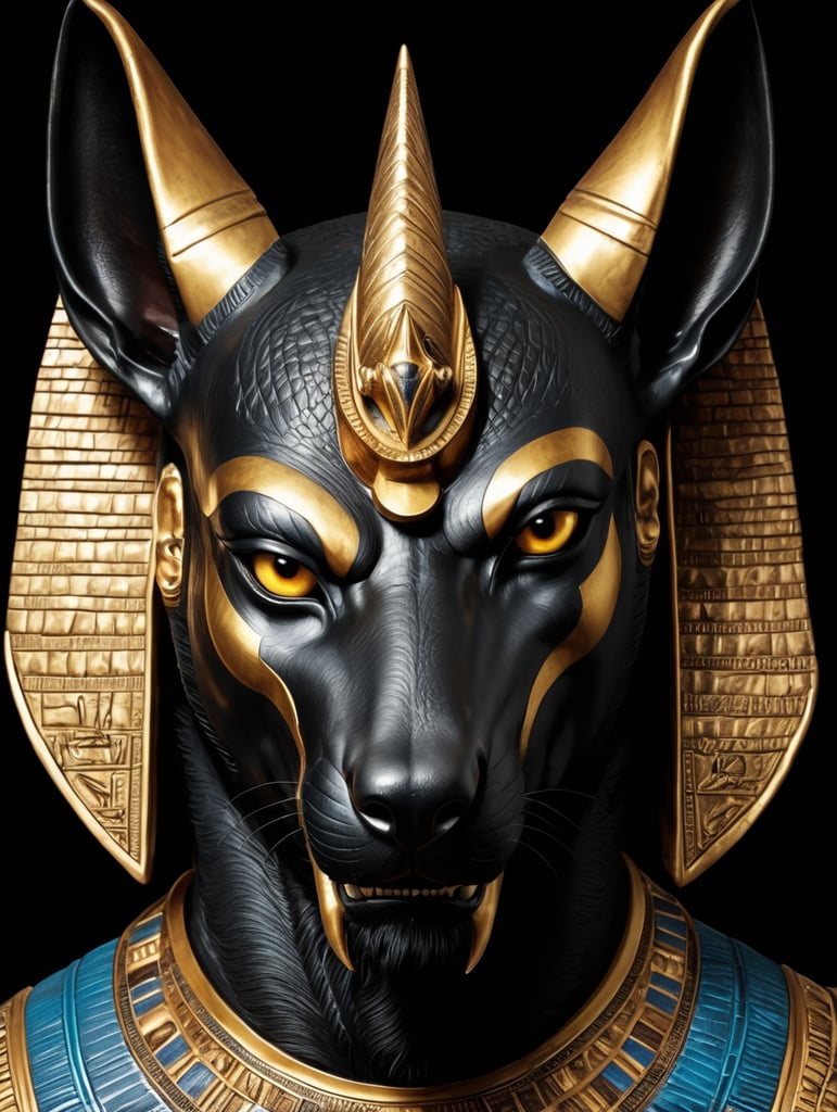 Egyptian god Anubis, portrait, hyper-realistic, dark style, focus on face, sharp on details, black background