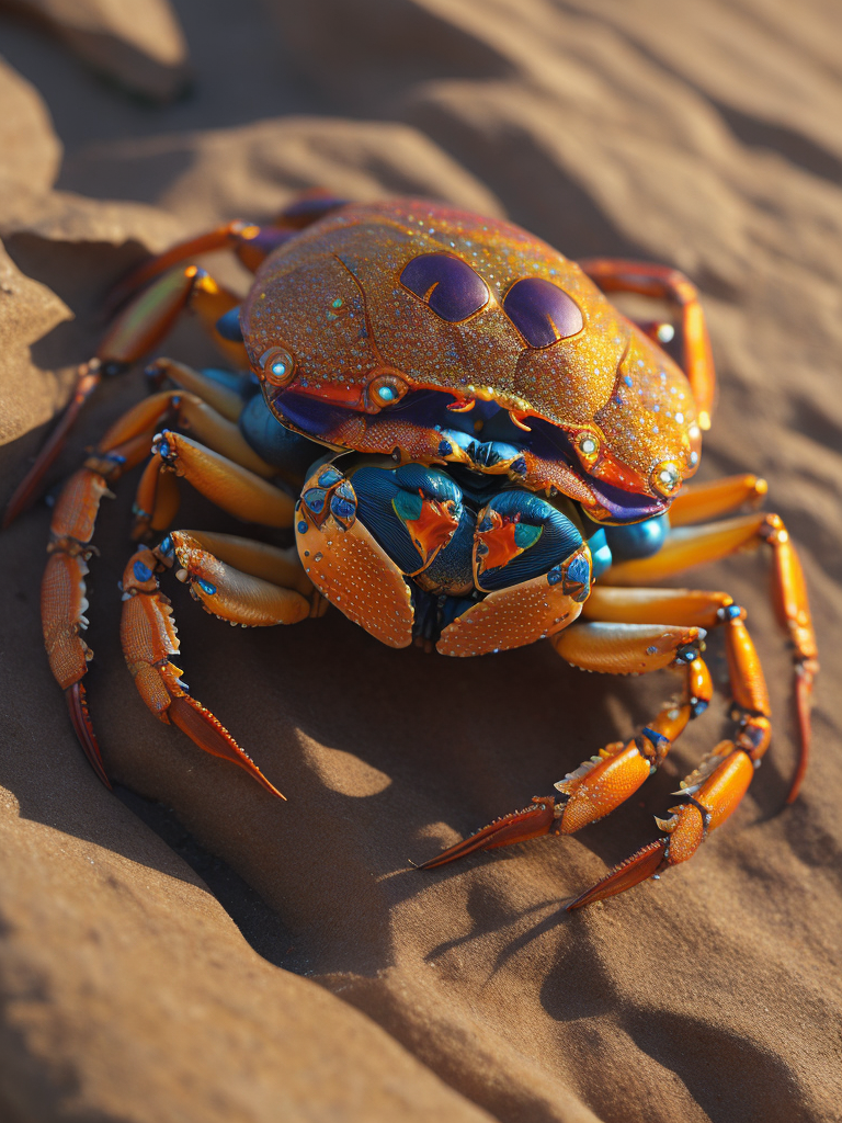 A hyper-realistic, high-resolution 16k image capturing a close-up of jeweled crabs, their shells adorned with intricate patterns and vibrant colors. The crabs should be situated on a sandy beach, the grains of sand providing a contrasting texture to the smoothness of their shells. The lighting should be the warm, golden light of a setting sun, casting long shadows and highlighting the jewel-like colors of the crabs. The composition should be a macro shot, focusing on the crabs and showing the world from their perspective.