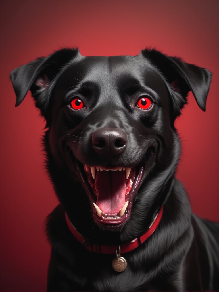 Creepy black dog in a dark and red room,smiling with sharp teeth and full red eyes