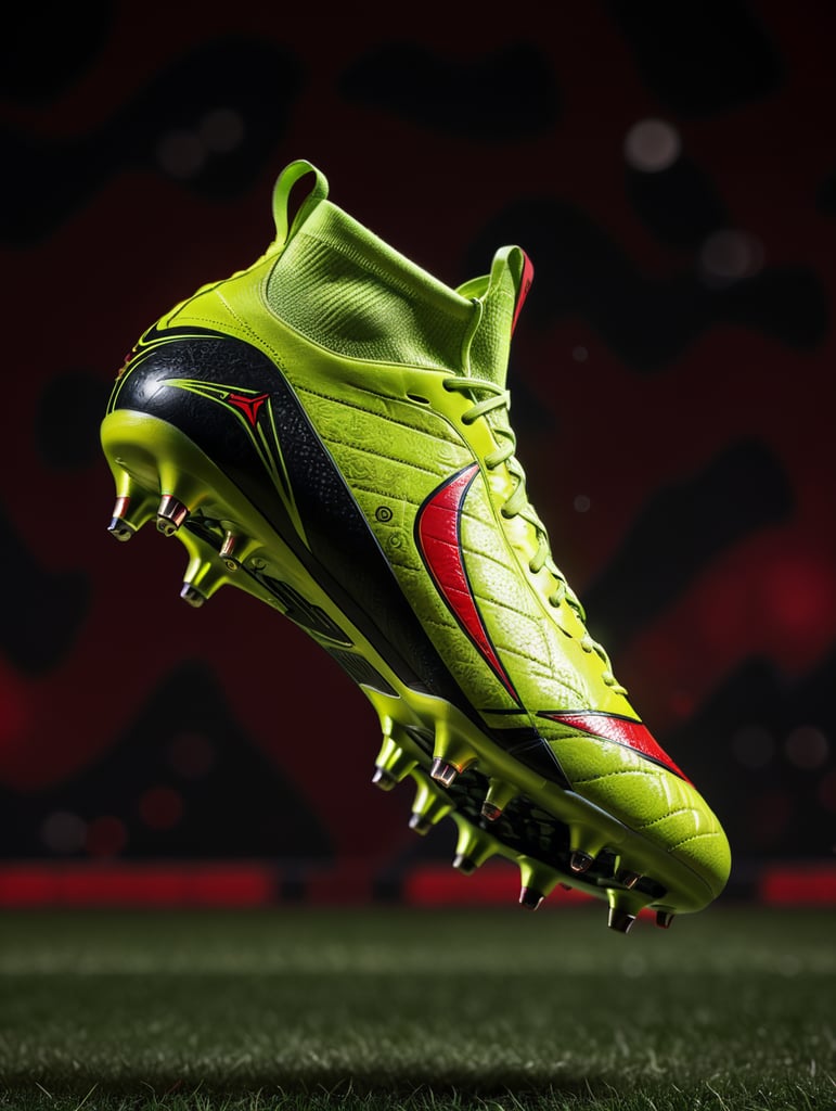 Completely black football boots and a red background