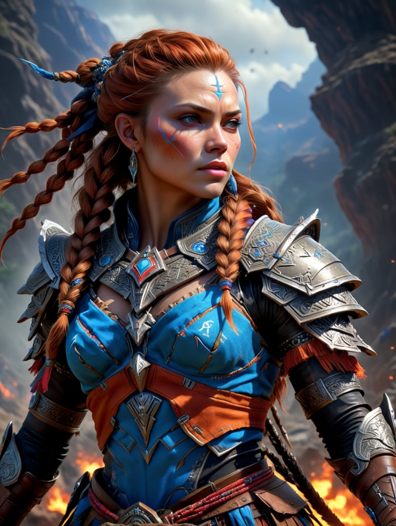 Aloy the beautiful Savior of Meridian, with torn clothes, after winning a battle by herself without any armor.