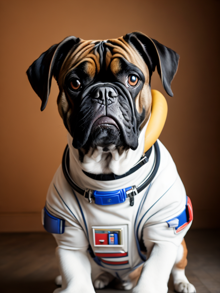 boxer dog wearing a space suit